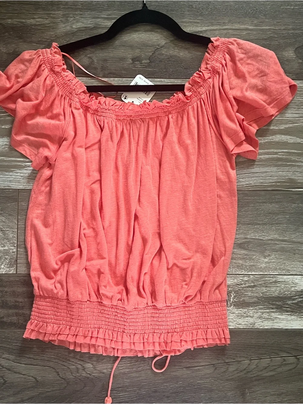 Free People Coral Off-Shoulder Ruffle Tie-Front Top